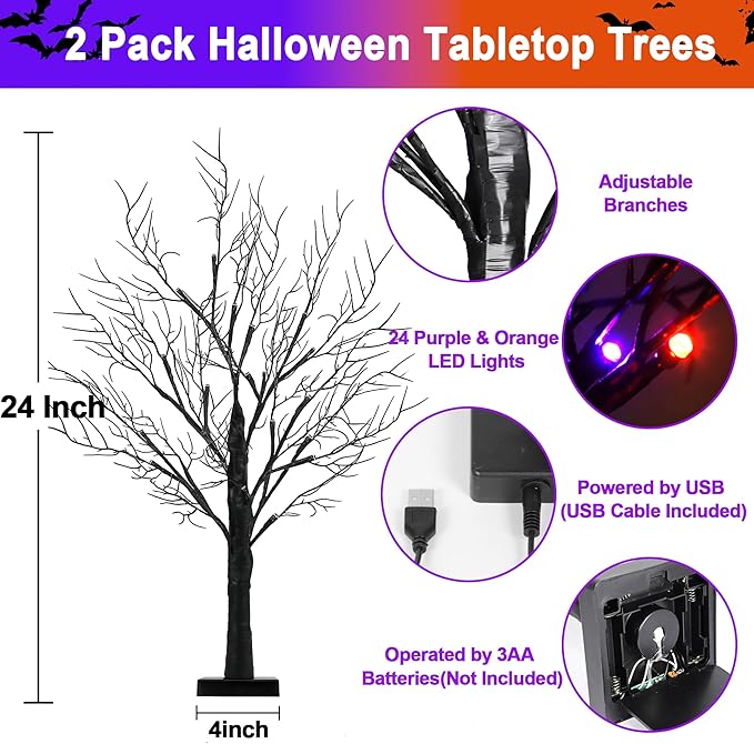 [Timer] 2 Pack Halloween Decorations Indoor, 24 Inch Halloween Tree with 24 Orange & Purple Lights, USB & Battery Operated Black Spooky Tree Halloween Table Decorations Indoor Home Party Decor Room