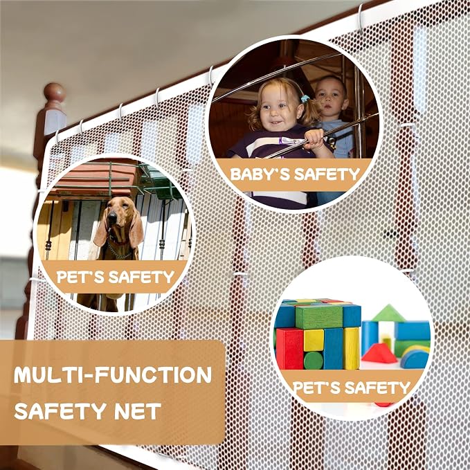 Banister Guard for Baby, Balcony Netting for Pets, 15ft x 3ft, Baby Safety Stairs Rail Net Provides Your Baby with a Environment, Baby Stair Net Fit for Child, Small Pet, Toy - White