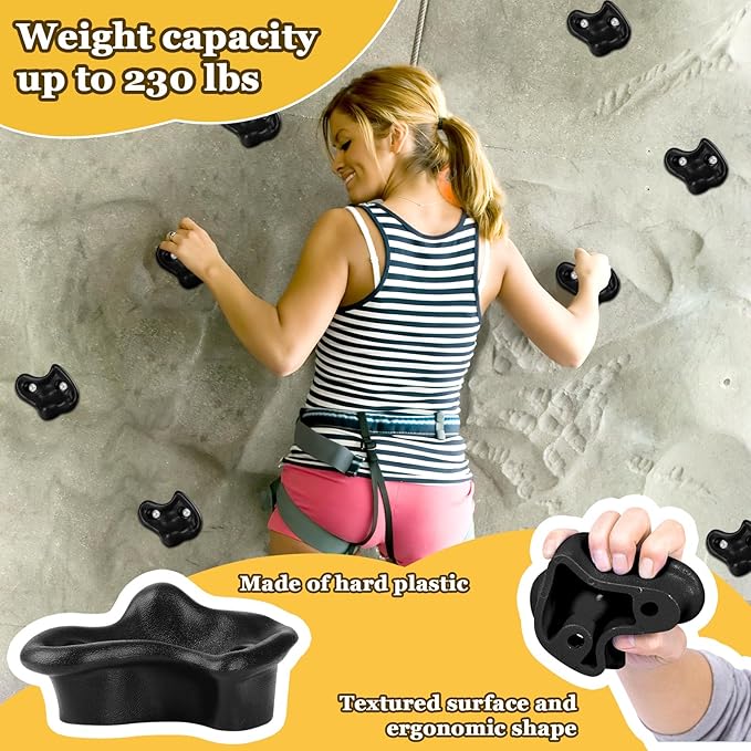20PCS Black Rock Climbing Holds,Hard Plastic Rock Climbing Wall for Kids,Extra Large Climbing Rock Wall Grips with Mounting Hardware and Wrench for Indoor Outdoor Playground,Installed on Wooden Board