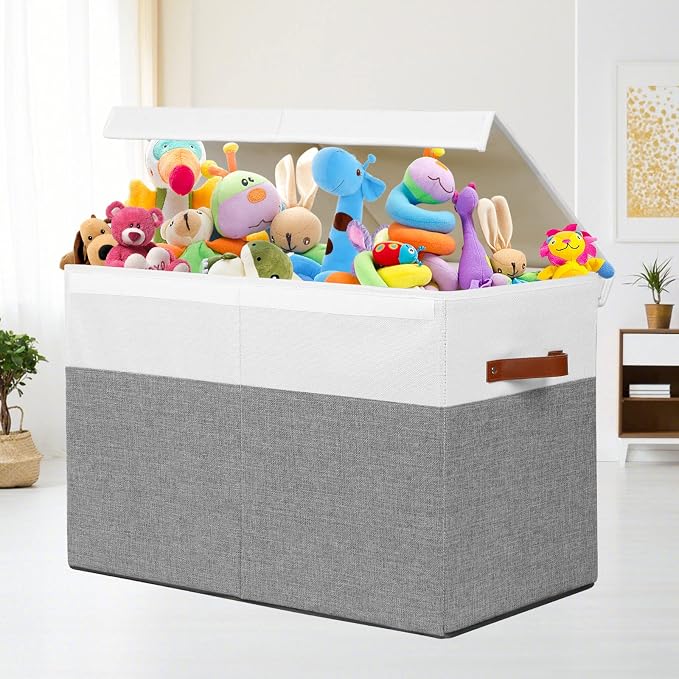 Large Toy Storage Box with Lid, Toy Chest Bin Boxes Basket with Dividers | Sturdy Toy Organizer Bin for Kids, Boys, Girls, Nursery, Living Room, Bedroom, Playroom 25"x13" x16" (Grey and White)