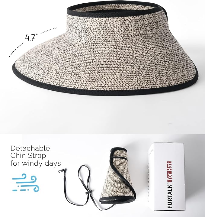 FURTALK Womens Sun Hat with Ponytail Hole Wide Brim Beach Straw Visor | Foldable & Packable for Beach Vacations, Adjustable Fit for Messy Buns, Detachable Windproof Strap, Sweat-Wicking Inner Band