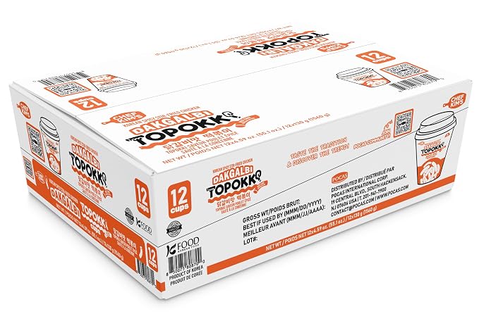 POCAS Chef Kim's Korean Instant Topokki Rice Cake Cups, Microwaveable Rice Cake Snack, Ready in 3 Minutes, 4.2 oz (120g) per Cup, 12 Tteokbokki Cups per Case, Authentic Korean Street Food. (Dakgalbi)