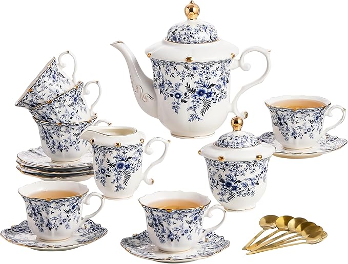 TATSUMI Country Roses Porcelain Tea Set, European Ceramic tea set for adults,Vintage Style, For Women and Tea Parties (BLUE, 21 Pieces Set)