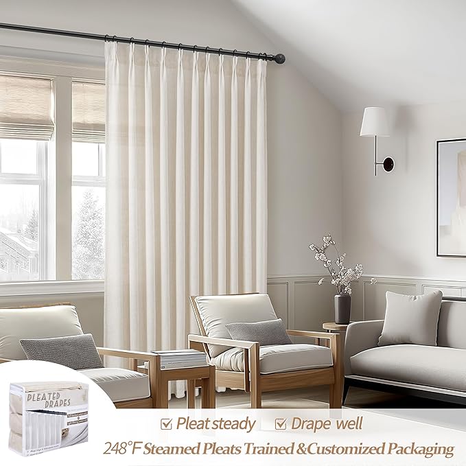 Extra Wide Semi Sheer Linen Curtains 96 Inch Long 2 Panels Set for Large Windows in Bedroom, Memory Shape Pinch Pleated Cream Privacy Kids Room Curtain for Track System 100" Wx96 L Cream Viral Drapes