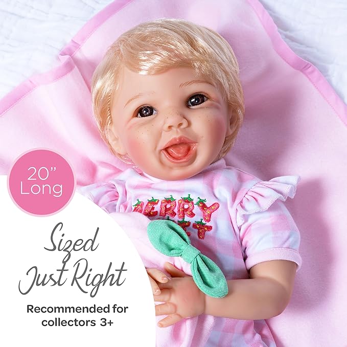 Paradise Galleries 20 Inch Realistic Reborn Blonde Baby Girl Doll with Strawberry Gingham Outfit and Blanket Accessories Collectible Gift Set – Summer Strawberry