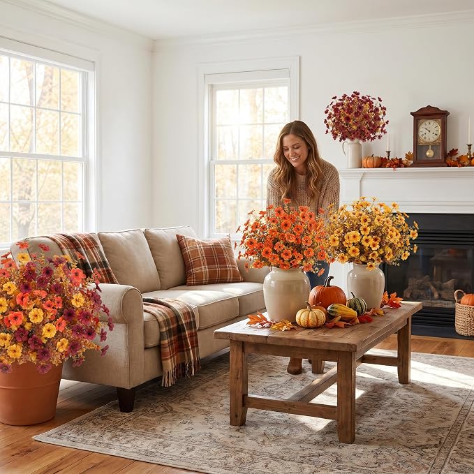 Ouddy Decor 24 Pcs Artificial Fall Flowers, Fake Mums Outdoors, Deep Orange | Lifelike faux mums, silk flower, UV resistant, no-maintenance, for autumn Thanksgiving garden porch yard indoor outdoor decor