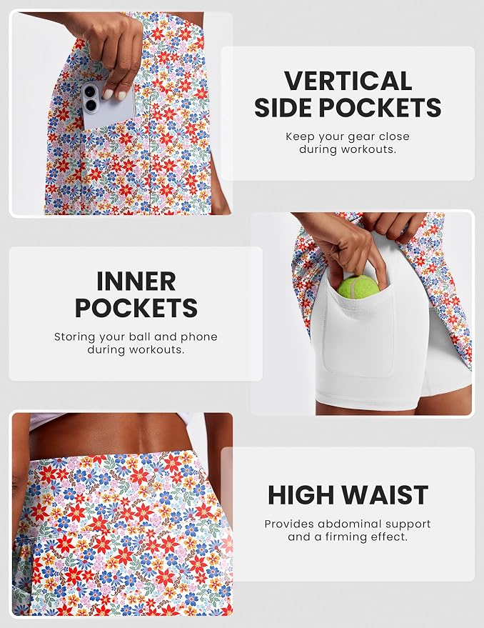 PINSPARK 19" Knee Length Skorts for Woman with Pockets UPF 50+ Golf Skirts | 4 Pockets, Built-in Shorts, High Waisted & Tummy Control, Moisture-wicking for Golf Athletic Tennis Workout Casual