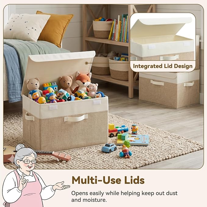 GRANNY SAYS Memory Keepsake Storage Box, Fabric Storage Bins with Lids | Flip-Top Lid, Collapsible, Stackable, 3 Handles, Ideal for Closet Clothes Blanket Toys, Extra Large, Brown/White, 4-Pack