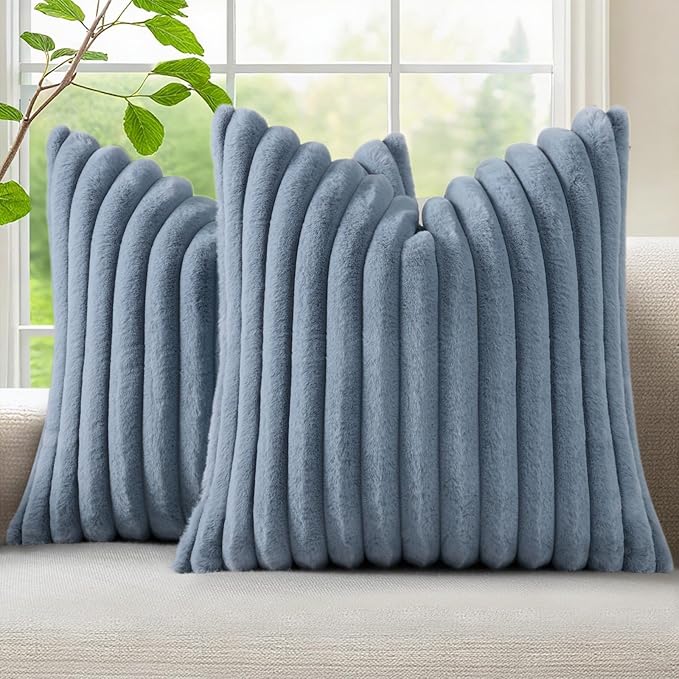 decorUhome Fall Faux Fur Throw Pillow Covers 16x16 Set of 2 Grey Blue | Decorative Soft Cozy Striped Plush Modern Farmhouse Boho Couch Pillow Cases Velvet Back for Sofa Bed Living Room Home Decor