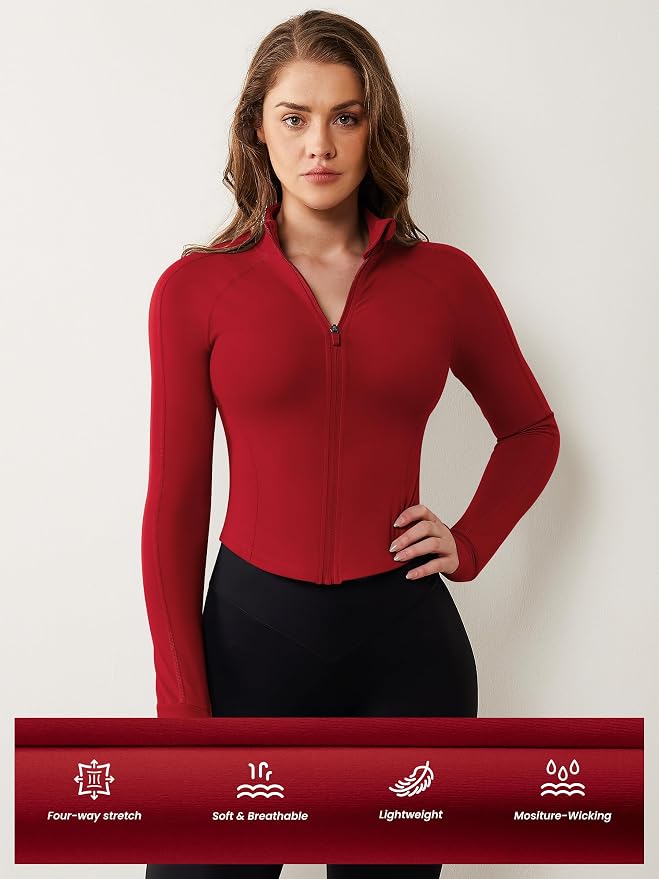 AVGO Women's Workout Jacket Lightweight Zip Up Cropped Yoga Jackets Slim Fit Athletic Tops with Thumb Holes