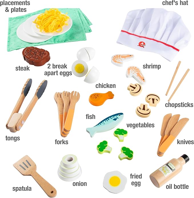 Hibachi Grill Wooden Kids Playset w Stools, Table Settings & Over 25 Toy Food Pieces- Noodles Tongs Meats Veggies- Everything a Little Chef Needs for Pretend Play, Indoor Japanese Restaurant Stand