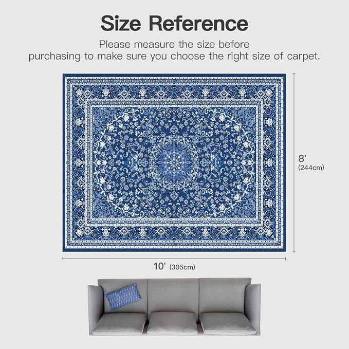 8x10 Area Rugs for Living Room, Washable Non-Slip Rug, Oriental Dark Blue | Area Rugs for Bedroom, Low Pile Large Carpets for Dining Room, Office, Indoor, Stain Resistant Vintage Oriental Print Rug