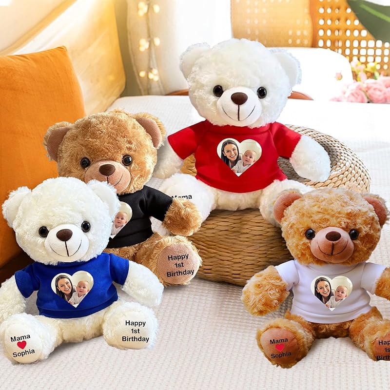 Custom Bear Plush with Picture Text Logo, 11 Inch Personalized Teddy Bear Stuffed Animal, Christmas Birthday Gift for Girls Boys Kids Adults Valentines Graduation Keepsake (T-shirt