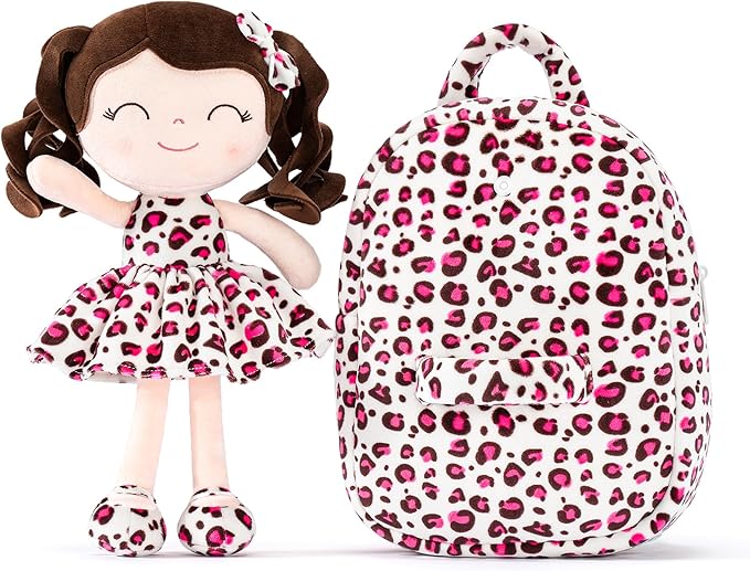 Gloveleya Girls Backpack Baby Gifts - Curly Hair Plush Removable Doll, Birthday Gift for Baby Girl Age 1-3, Preschool Daycare Essentials Carrier, Cute Pink Leopard Print 9"