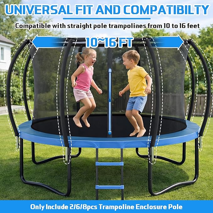 Trampoline Poles Replacement, Fit for 8-16ft Frame, Universal Curved Enclosure Net Pole, Includes Mounting Hardware & Foam Cover, 2 Installation Options