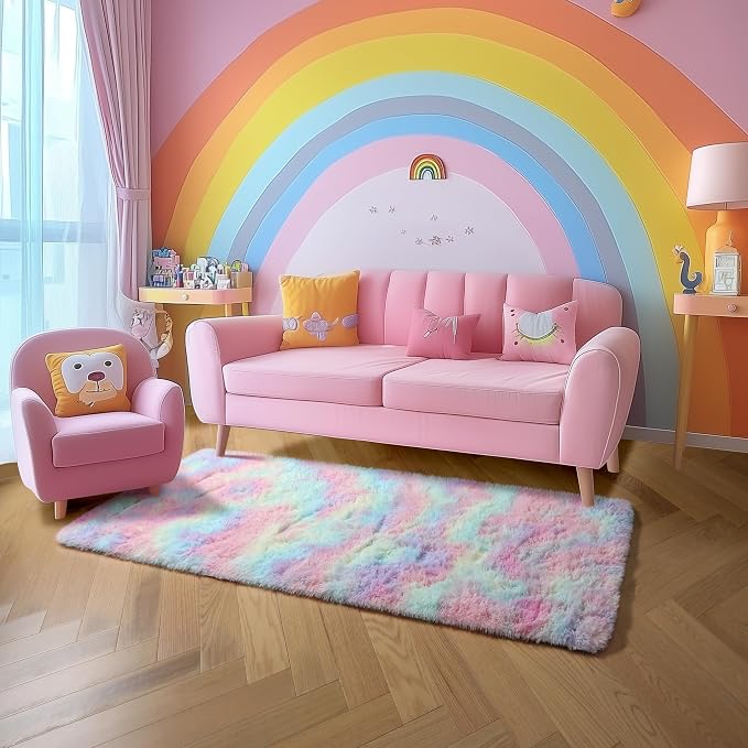 Amdrebio Rainbow Unicorn Pastel Shag Runner Area Rug 2x6 for Girls Bedroom | Fluffy Furry Fuzzy Shaggy Cute Kids Carpet, Nursery Classroom Playroom Preppy Dorm Home Decor, Colorful, Baby Toddler Corner