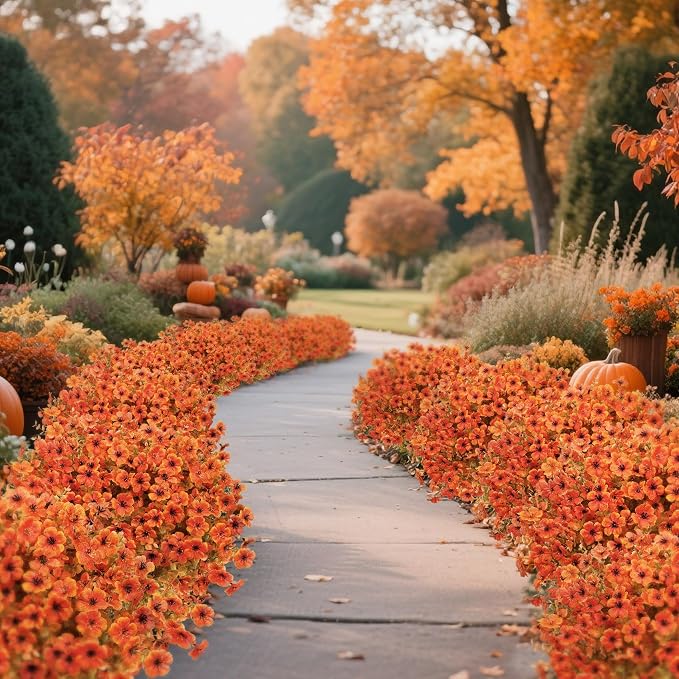 Ouddy Decor 24 Pcs Artificial Fall Flowers, Fake Mums Outdoors, Fall Orange | Lifelike faux mums, silk flower, UV resistant, no-maintenance, for autumn Thanksgiving garden porch yard indoor outdoor decor