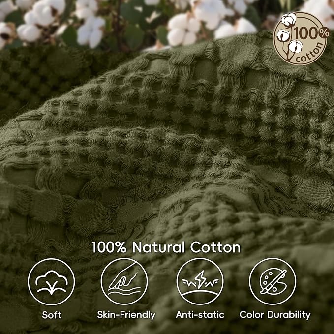PHF 100% Cotton Waffle Blanket Twin Size, Lightweight Breathable Summer Blanket for Hot Sleepers, Pre-Washed Soft Layer for Bed, Dorm, Couch & Guest Room, Home Decor Gift, 66"x90", Capulet Olive