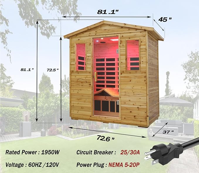 Full Spectrum Outdoor Sauna 3 Person,Low EMF Far Infrared Sauna with Folding Lounge Chair for Home, | Chromotherapys| Bluetooth Speakers| Near&Mid Infrared Therapy| Fir Wood| 81.1*44.9* 83.4 In