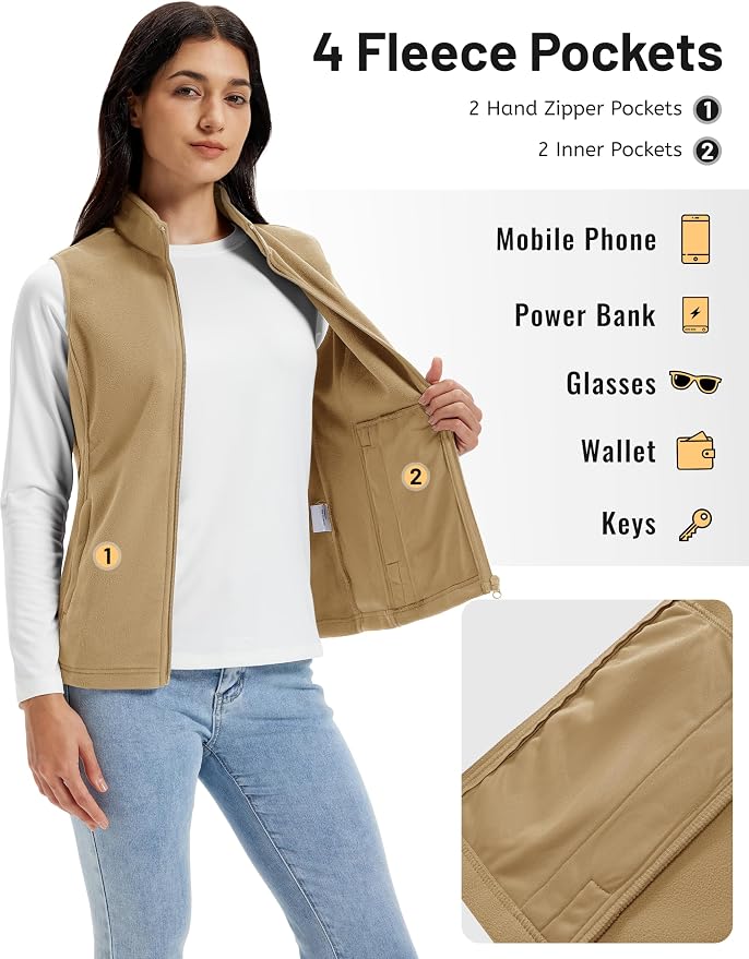 TACVASEN Women's Fleece Vest Lightweight Sleeveless Zip Jacket Outerwear | Soft Polar,Zipper Pockets,Stand Collar,Fall Winter Warm,Outdoor,Athletic,Running,Hiking,Travelling,Golf,Work