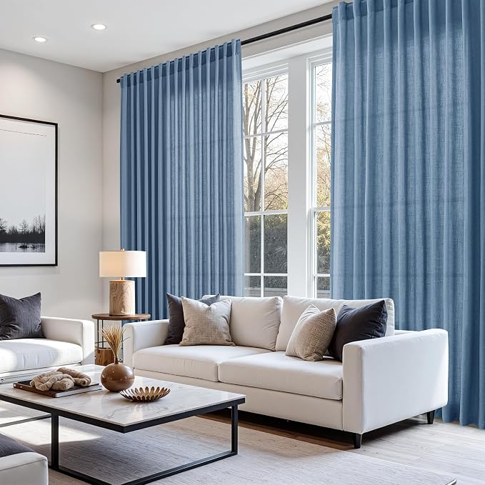 Stone Blue Linen Curtains 120 Inch Extra Long for Living Room Back Tab Light Filtering Semi Sheer Drapes Modern Farmhouse Boho Textured Curtain for Floor to Ceiling High Window 52x120,2 Panels