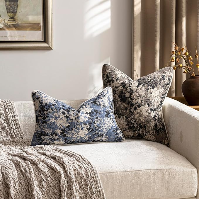 Pack of 2 Vintage Floral Throw Pillow Covers 18x18 Boho Farmhouse Accents Chenille Square Decorative Pillow Cases for Living Room Couch Bed Home Decor, Taupe
