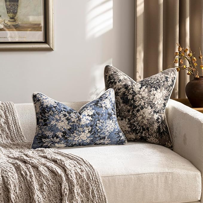 Pack of 2 Vintage Floral Throw Pillow Covers 16x16 Boho Farmhouse Accents Chenille Square Decorative Pillow Cases for Living Room Couch Bed Home Decor, Taupe
