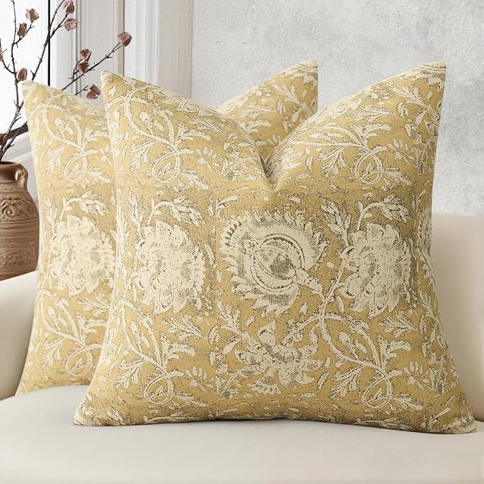 Vintage Floral Print Throw Pillow Covers 24x24 Set of 2 Neutral Modern Farmhouse Pillowcases Accent Decorative Cushion Covers Boho Home Decor for Couch Sofa Chair Bed Living Room, Yellow