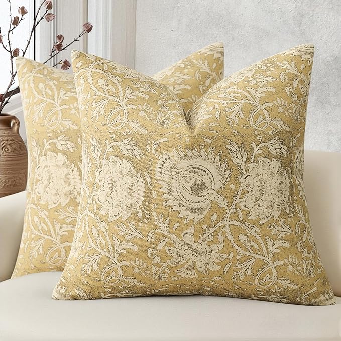 Vintage Floral Print Throw Pillow Covers 18x18 Set of 2 Neutral Modern Farmhouse Pillowcases Accent Decorative Cushion Covers Boho Home Decor for Couch Sofa Chair Bed Living Room, Yellow