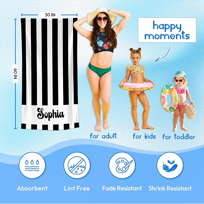 JML Personalized Beach Towel with Name, Custom Cabana Stripe Beach Towel, Customized Microfiber Pool Towel, Quick Dry & Absorbent Swim Towel for Adult,Anniversary, Birthday, Summer Holiday,Vacation
