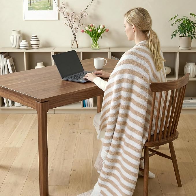 Snuggle Sac Ultra Soft Throw Blanket, Beige, 50"x60" | Reversible, Cozy Knitted, Fuzzy Knit Striped, For Couch, Sofa, Bed, Home Decor