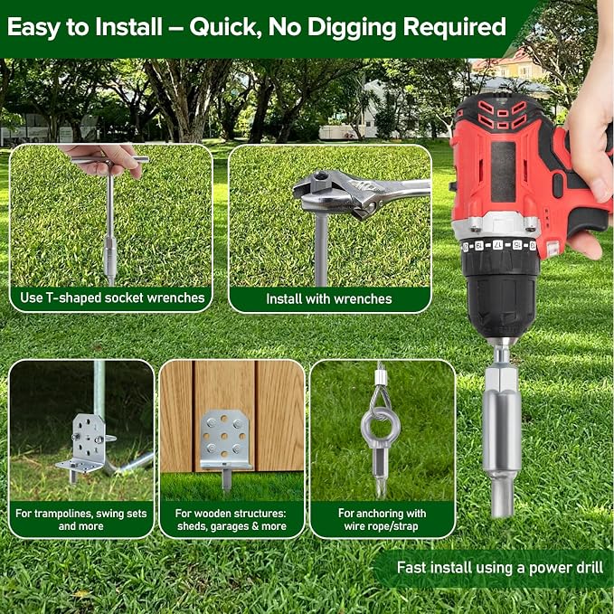 Swing Set Anchors 20" – Heavy Duty Ground Anchors Screw in with L-Brackets & Drill Adapter, Fully Welded Spiral Earth Anchor for Storage Sheds, Trampoline, Fence, Carports