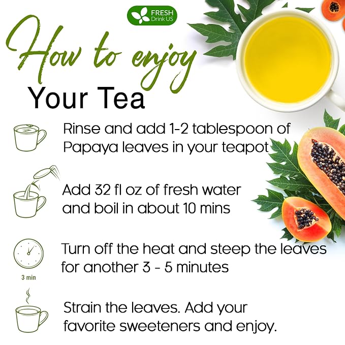 FreshDrinkUS, Premium 4oz Papaya Leaves For Tea, 100% Natural & Pure from Papaya Leaves. Loose Leaf Herbal Tea. Made with Natural Material Tea Bags. No Sugar, No Caffeine, No Gluten, Vegan.