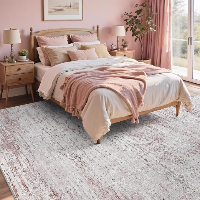 9x12 Ft Extra Large Washable Area Rugs for Living Room, Soft Non-Slip Modern Abstract Pattern Carpet for Bedroom Indoor Floor Nursery Home Decor (Pink)