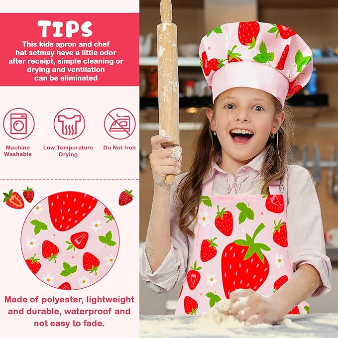R HORSE Kid Apron and Chef Hat Set - 2Pcs Strawberry Adjustable Children Kitchen Toddler Apron for Girls Role Play Chef Toy Cooking Gift Birthday Gift for Kids Cooking Baking Painting and Training
