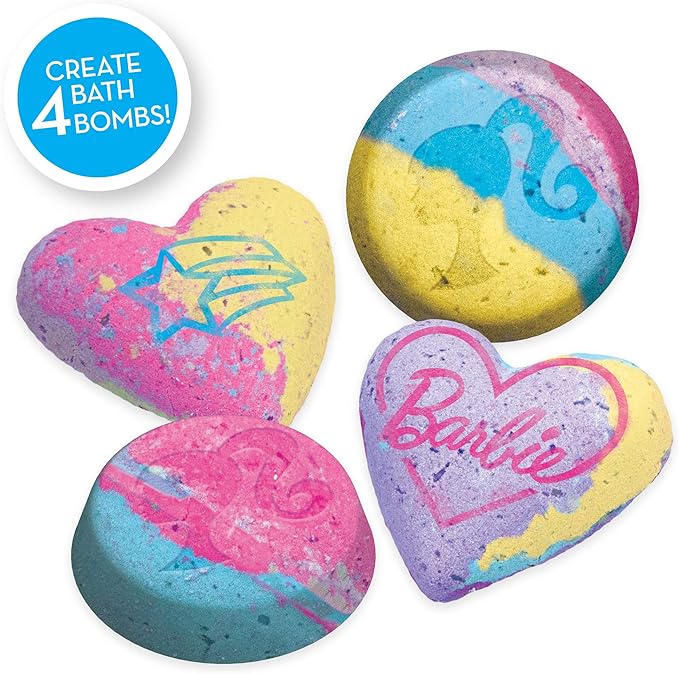 Barbie Make Your Own Bath Bomb Kit by Horizon Group USA, DIY Four Custom Colorful & Sweet-Smelling Bath Bombs, Includes Stencil, Glitter, Molds, Fragrances & More, Pink, Yellow, Teal & Purple