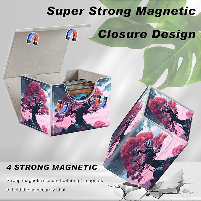 DEGDFSGRCard Game Storage Box for TCG MTG Commander Deck Box Organizer Trading Card CaseMagnetic Closure Creative Pattern Up to 200 Cards, A Large Tree In Pink
