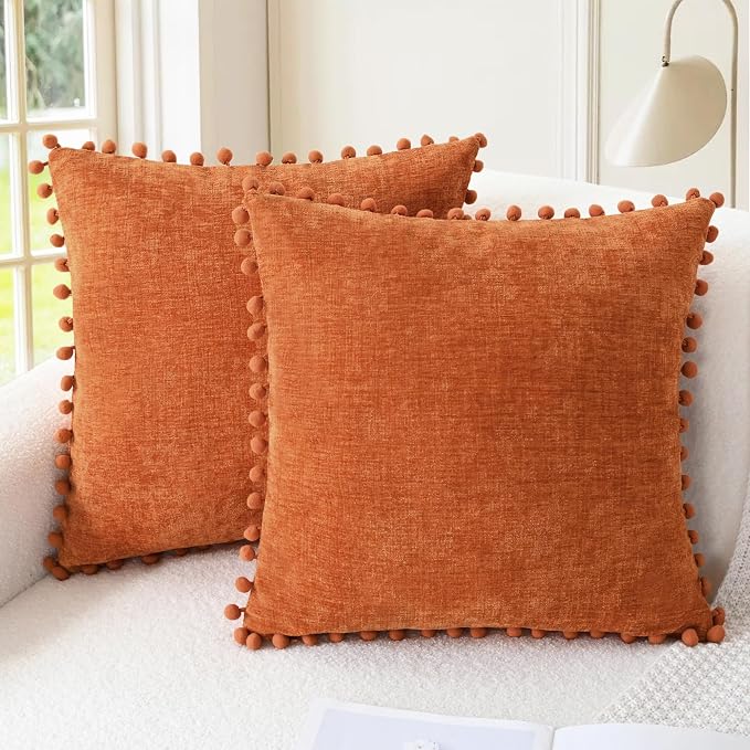 CaliTime Fall Decorative Throw Pillow Covers 20 X 20 Inches Burnt Orange | Pack of 2, Cozy Chenille Cushion Cases, with Pom Poms for Sofa Bed Living Room Farmhouse Home