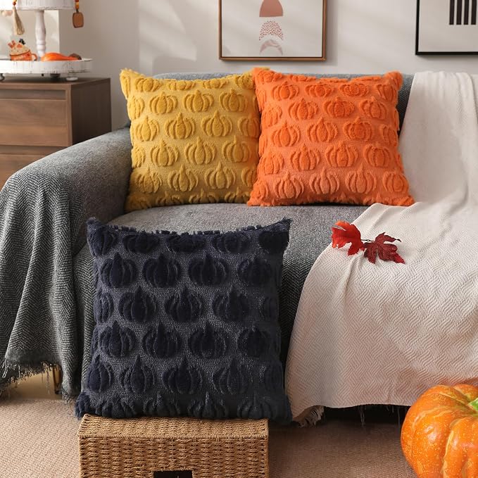 DFXSZ Fall Pillow Covers 18x18 2Pcs Navy Blue Pumpkin Fall Decorations | Fall decor Set of 2 Throw Pillow Cases Soft Plush Faux Fur Wool Couch Cushion for Chair Sofa Bedroom Living Room Home Decor