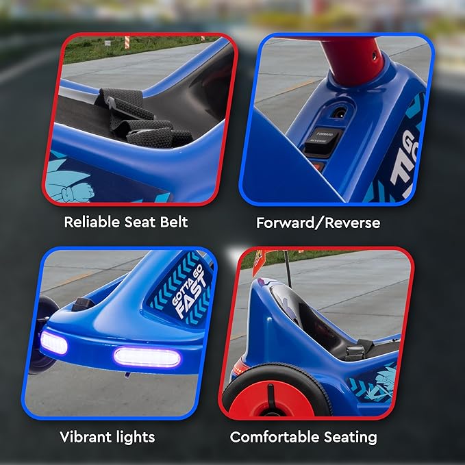 Sonic The Hedgehog 12V Electric Go Kart for Kids, Electric Ride-On Toy with Lights, Seat Belt, Ages 3-6, Durable PVC and Iron Construction, Rechargeable Battery, Outdoor and Indoor Fun