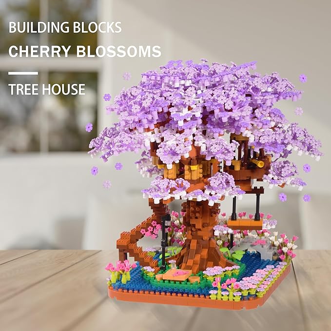 Cherry Blossom Bonsai Tree Micro Building Set Creative Gift for Adults Girls Boys 14+, Japanese Purple Cherry Tree House Micro Blocks Model for Adults, Flowers House 2200PCS