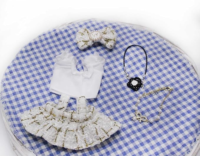 17cm Doll Clothes Set and Accessories Suit, (NO Doll) 5-Piece Set, Outfits for Clothes Set,Includes Dress, White Clothes，Matching Hair Bow, Necklace, Bags(Golden)