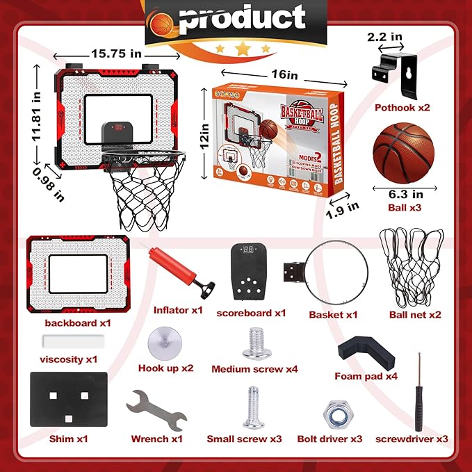 Indoor Basketball Hoop for Kids 5 6 7 8 9 10+Years Old Boys,Mini Basketball Hoop Over The Door Mini Hoop with Electronic Scoreboard & 3 Balls,Kids Basketball Hoop Sport Toys for Gift for Boys Age 5-10