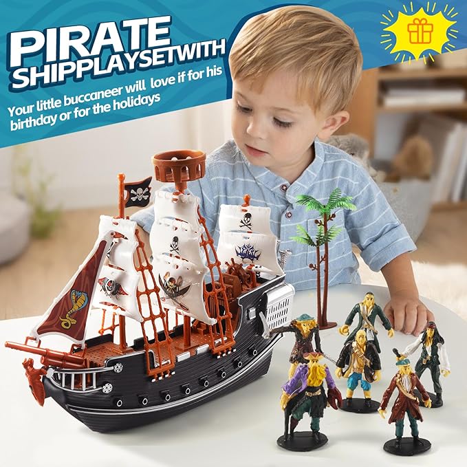 Pirate Action Figures Boat Playset Pirate Pretend Toys Pirate Ship with 6 Action Figures & Tree, Play Toy for Kids, Educational Learning Toys with Figurines,Trees and Boat- Gifts for Boys and Girls