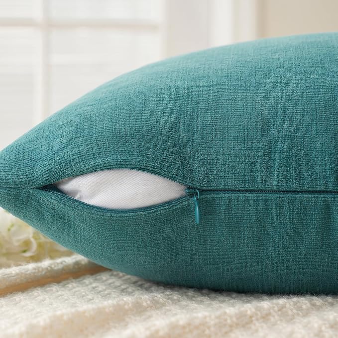 MIULEE Teal Chenille Couch Lumbar Throw Pillow Covers, 12x20 | Set of 2, Soft Coastal Home Decor, Modern Farmhouse Decorative Pillowcases for Sofa Living Room Bed