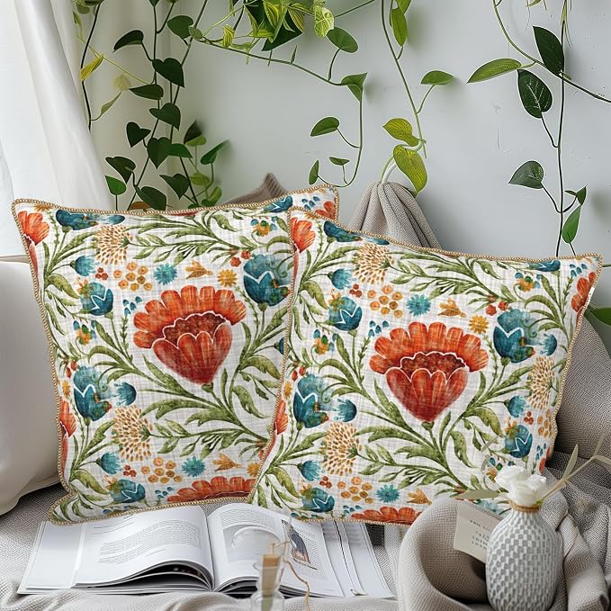 Red Blue Bright Floral Soft Velvet Throw Pillow Covers Set of 2 Colorful Flowers Green Leaf Plant Decorative Pillow Covers 18x18 Inch Boho Rustic Pillow Case For Sofa Couch Living Room Home Decor