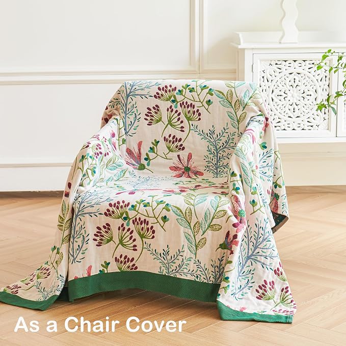 VANJOROY Boho Throw Blanket, 100% Organic Cotton Breathable Ultra Soft 60" x 80" Bed Quilt Throw - All Season Floral Rustic Farmhouse Decor Luxury Reversible Blanket for Sofa Couch Chair and Gift