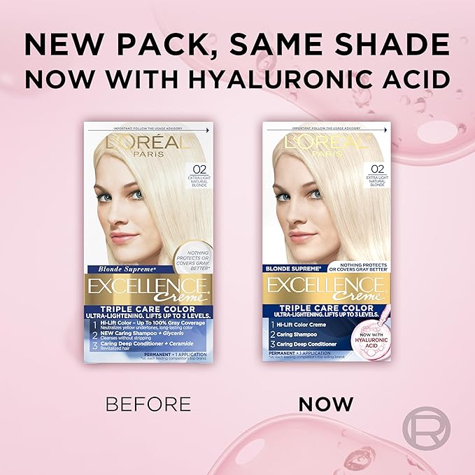 L'Oreal Paris Excellence Crème Permanent Hair Dye, Triple Care Hair Color with Hyaluronic Acid for 100% Gray Coverage, 02 Extra Light Natural Blonde, 1 Kit (Packaging May Vary)