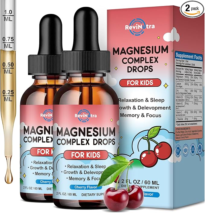 (2 Pack) Magnesium Glycinate Liquid for Kids, Kids Magnesium Liquid Drops Supplement with L-Theanine, Calcium, Zinc, Vitamin D3 K2 for Sleep Calm Relaxation Brain Bones Focus, Cherry Flavor 4 Fl Oz