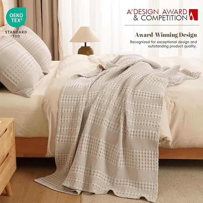 PHF 100% Cotton Waffle Weave Throw Blanket, Lightweight Breathable Summer Blanket for Couch Sofa, Pre-Washed Soft Throws for Bed, Office, Travel & Stylish Home Decor, 50"x60", Light Taupe/Oatmeal